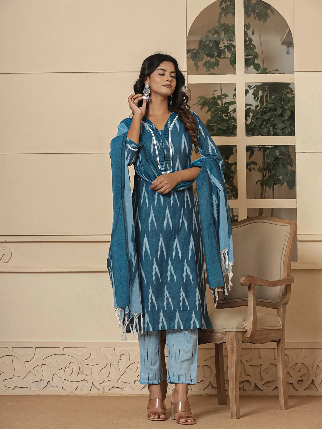 Blue Ikat Print Straight Strappy Kurta Trouser And Dupatta Set