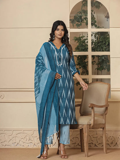 Women's Blue Cotton Blue Ikat Print Straight Strappy Kurta Trouser And Dupatta Set by Yufta, suitable for wholesale buyers, boutiques, retailers, resellers and bulk fashion orders from Trendphoria