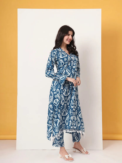 Blue Ikat Pure Cotton High Low Cord Set