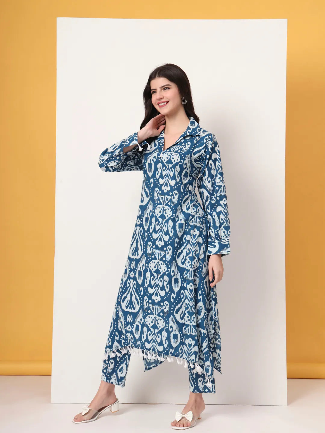 Blue Ikat Pure Cotton High Low Cord Set