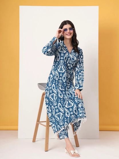 Blue Ikat Pure Cotton High Low Cord Set