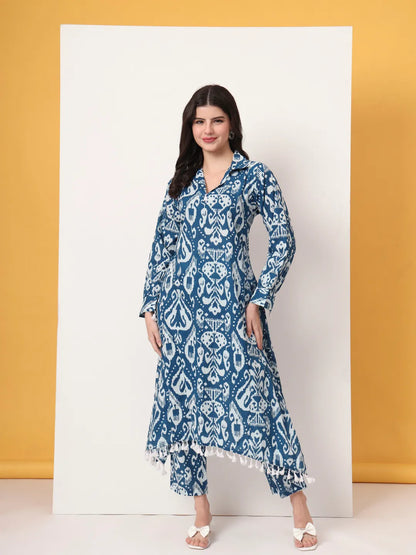 Blue Ikat Pure Cotton High Low Cord Set