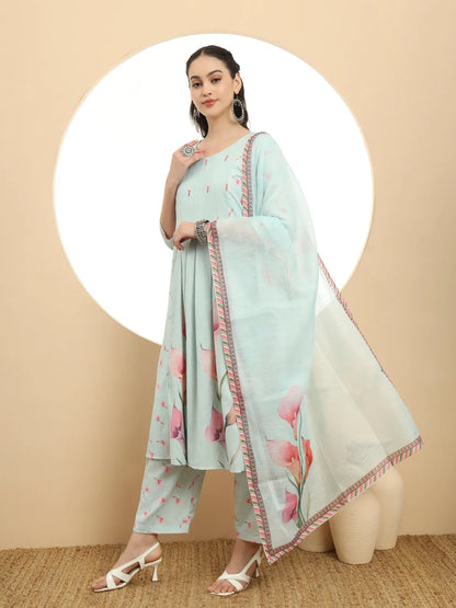 Blue Linen Cotton A-Line Kurta Dupatta Set