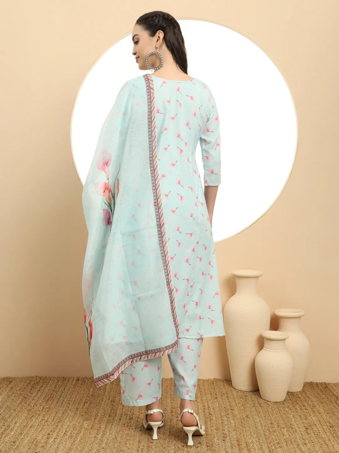 Blue Linen Cotton A-Line Kurta Dupatta Set