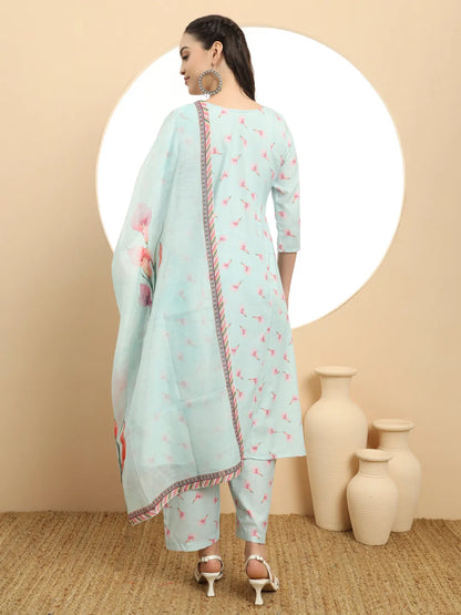Blue Linen Cotton A-Line Kurta Dupatta Set