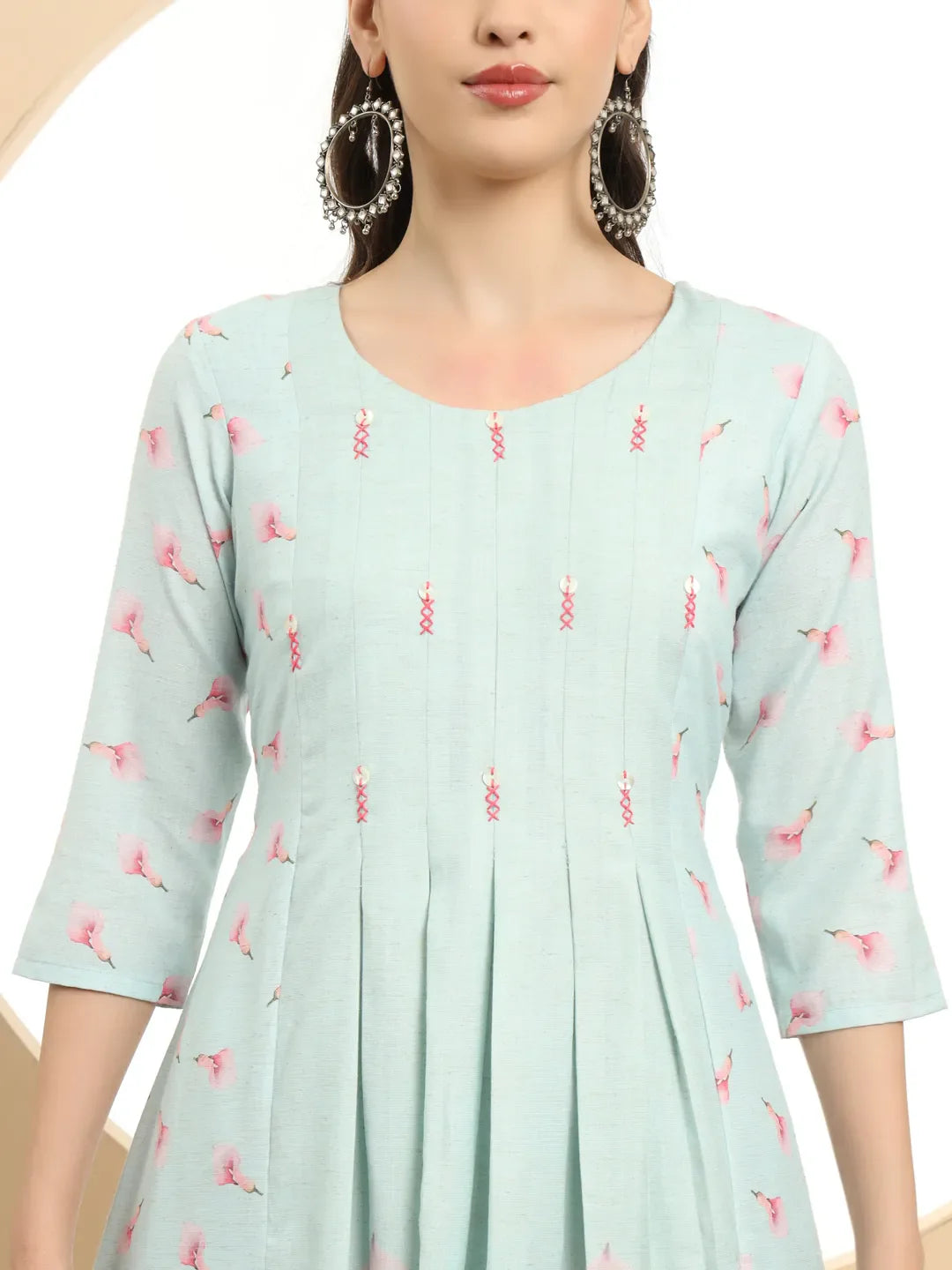 Blue Linen Cotton A-Line Kurta Dupatta Set