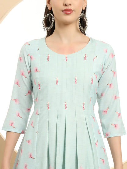 Blue Linen Cotton A-Line Kurta Dupatta Set