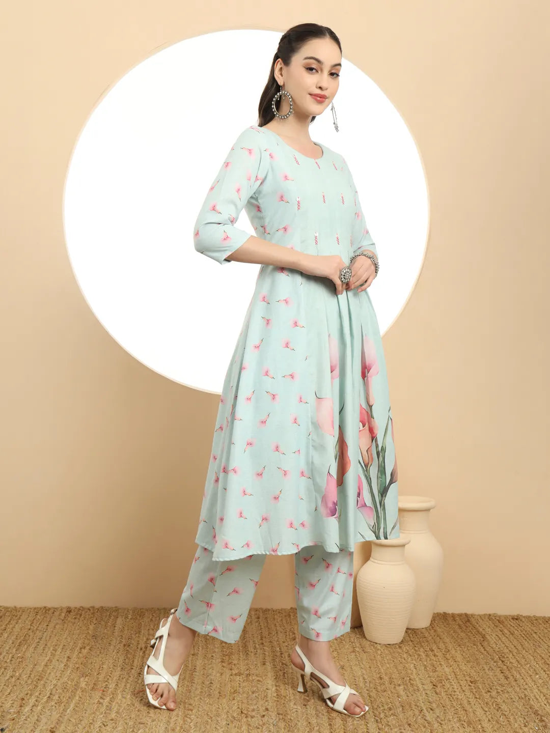 Blue Linen Cotton A-Line Kurta Dupatta Set