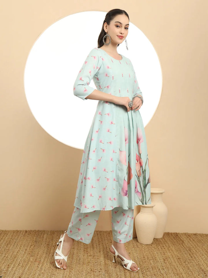 Blue Linen Cotton A-Line Kurta Dupatta Set