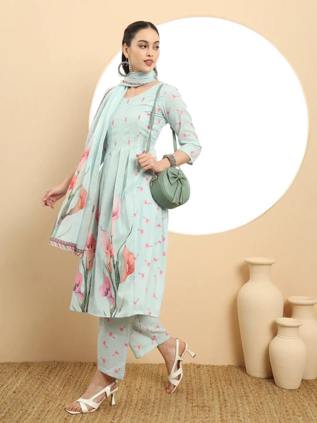 Blue Linen Cotton A-Line Kurta Dupatta Set