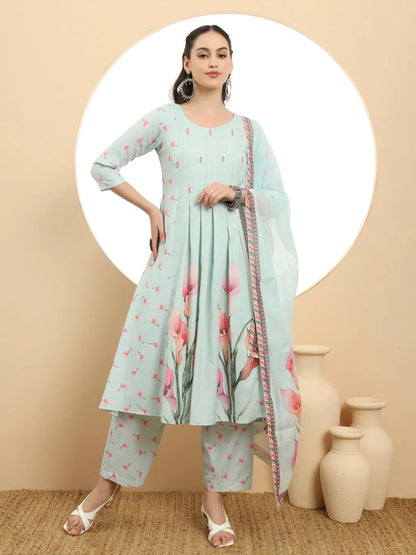 Blue Linen Cotton A-Line Kurta Dupatta Set