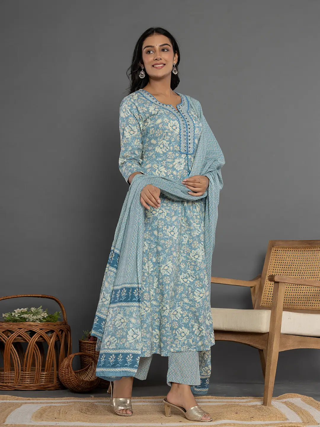 Blue Mirror Work Cotton Anarkali Kurta Dupatta Set