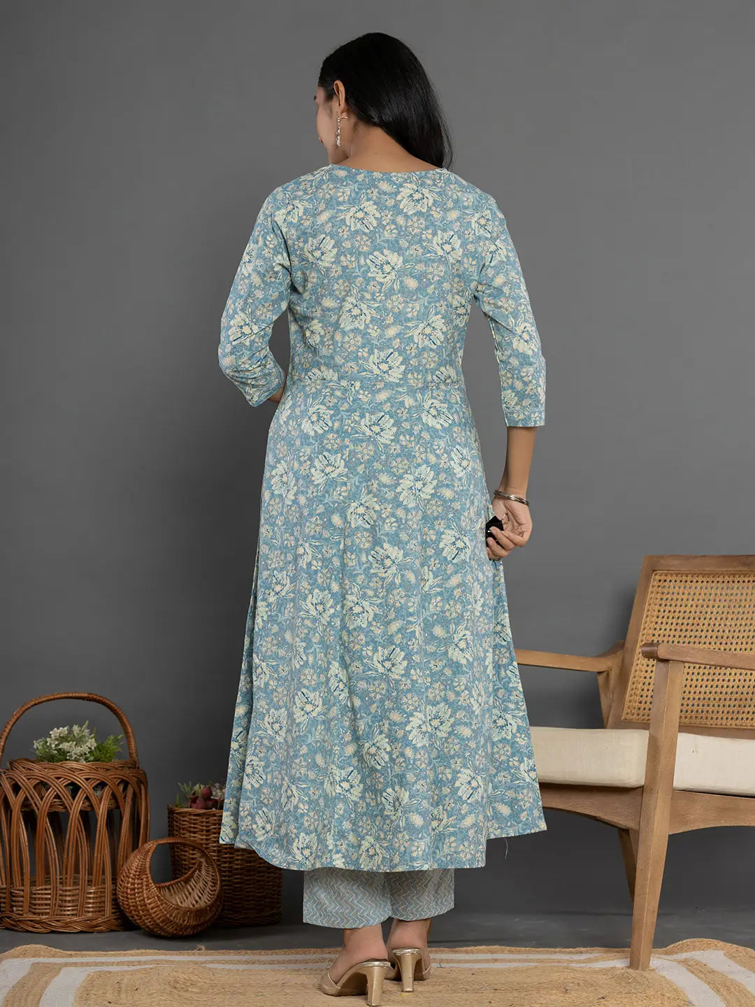 Blue Mirror Work Cotton Anarkali Kurta Dupatta Set