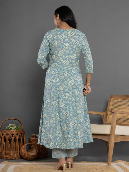 Blue Mirror Work Cotton Anarkali Kurta Dupatta Set
