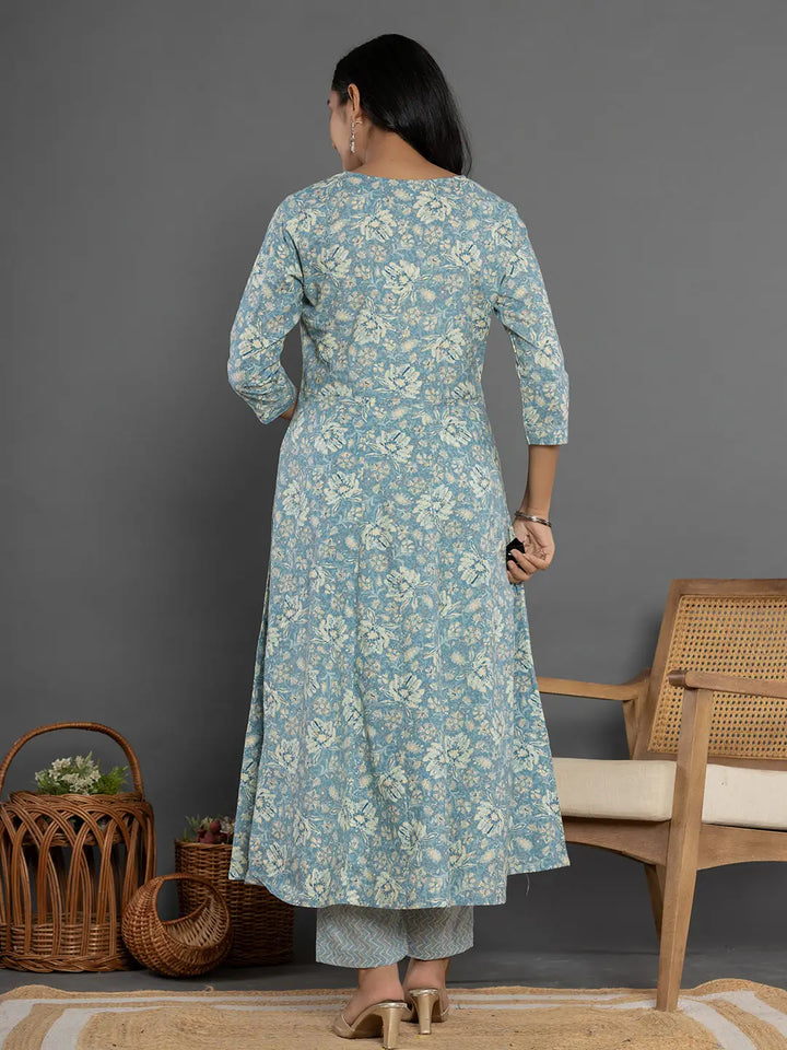Blue Mirror Work Cotton Anarkali Kurta Dupatta Set