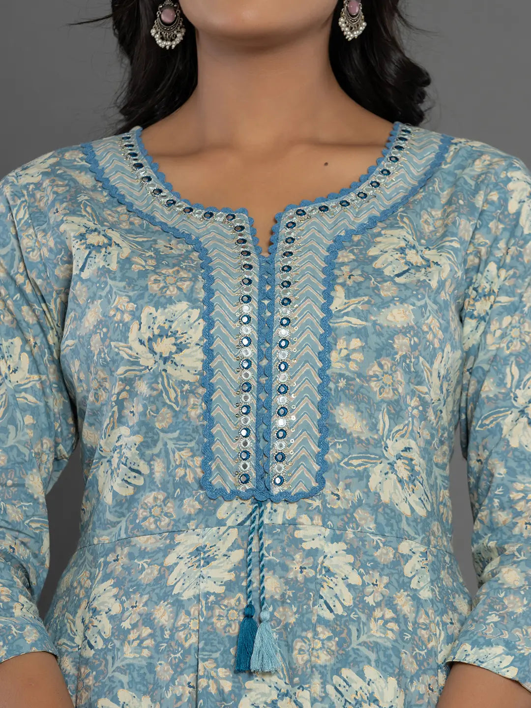 Blue Mirror Work Cotton Anarkali Kurta Dupatta Set