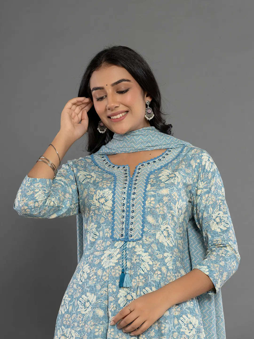 Blue Mirror Work Cotton Anarkali Kurta Dupatta Set