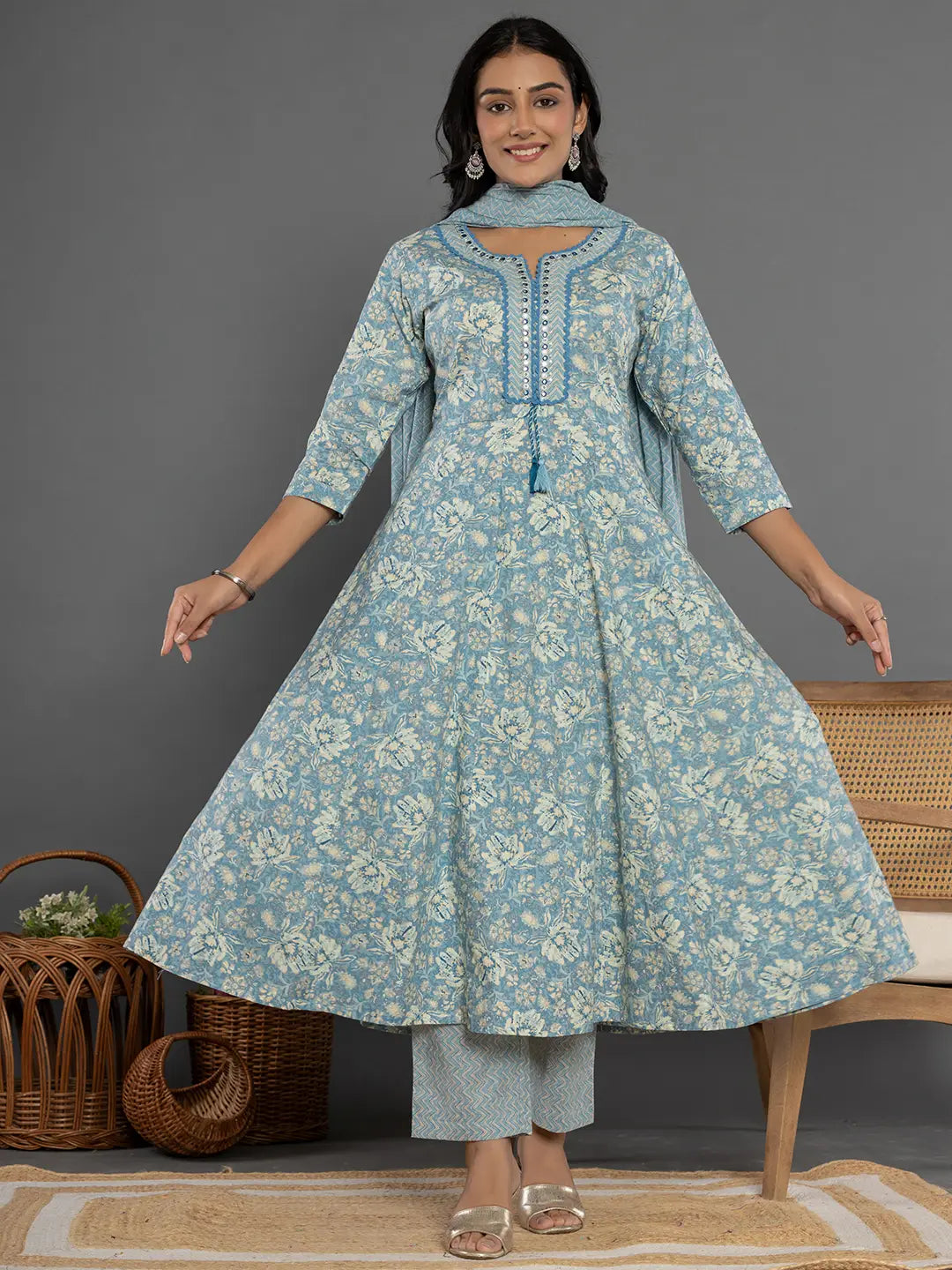 Blue Mirror Work Cotton Anarkali Kurta Dupatta Set