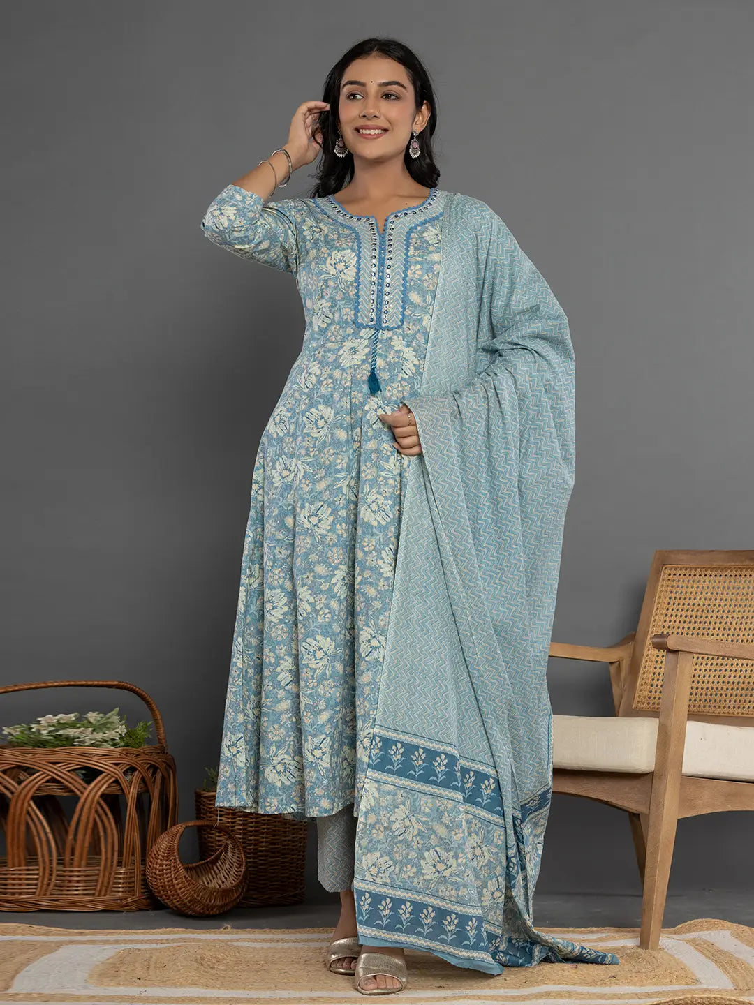 Blue Mirror Work Cotton Anarkali Kurta Dupatta Set