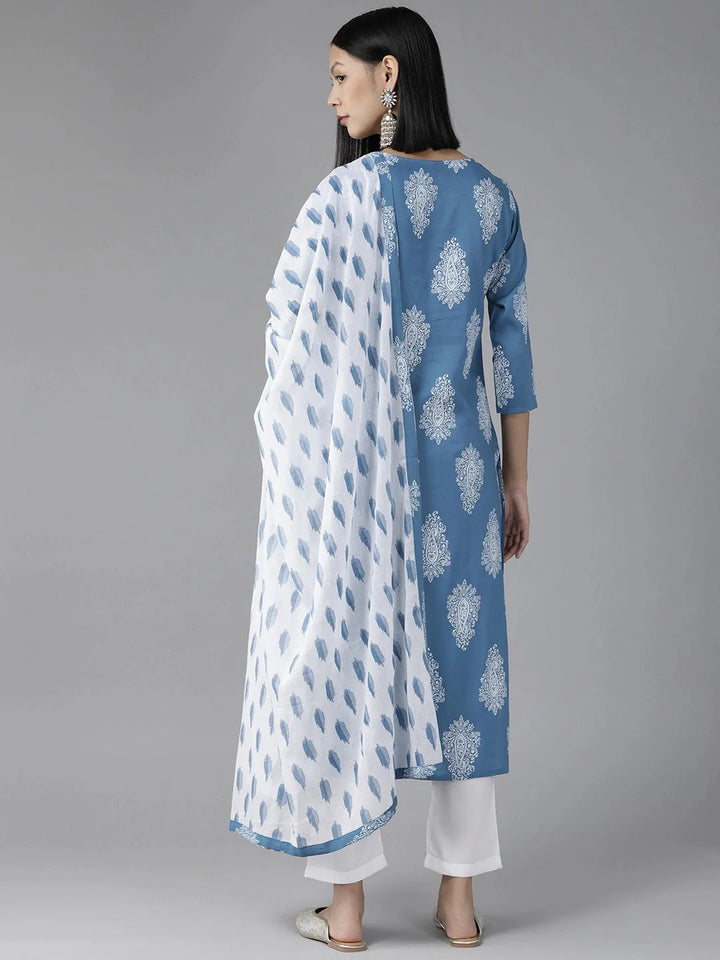 Blue Paisley Printed Dupatta Set