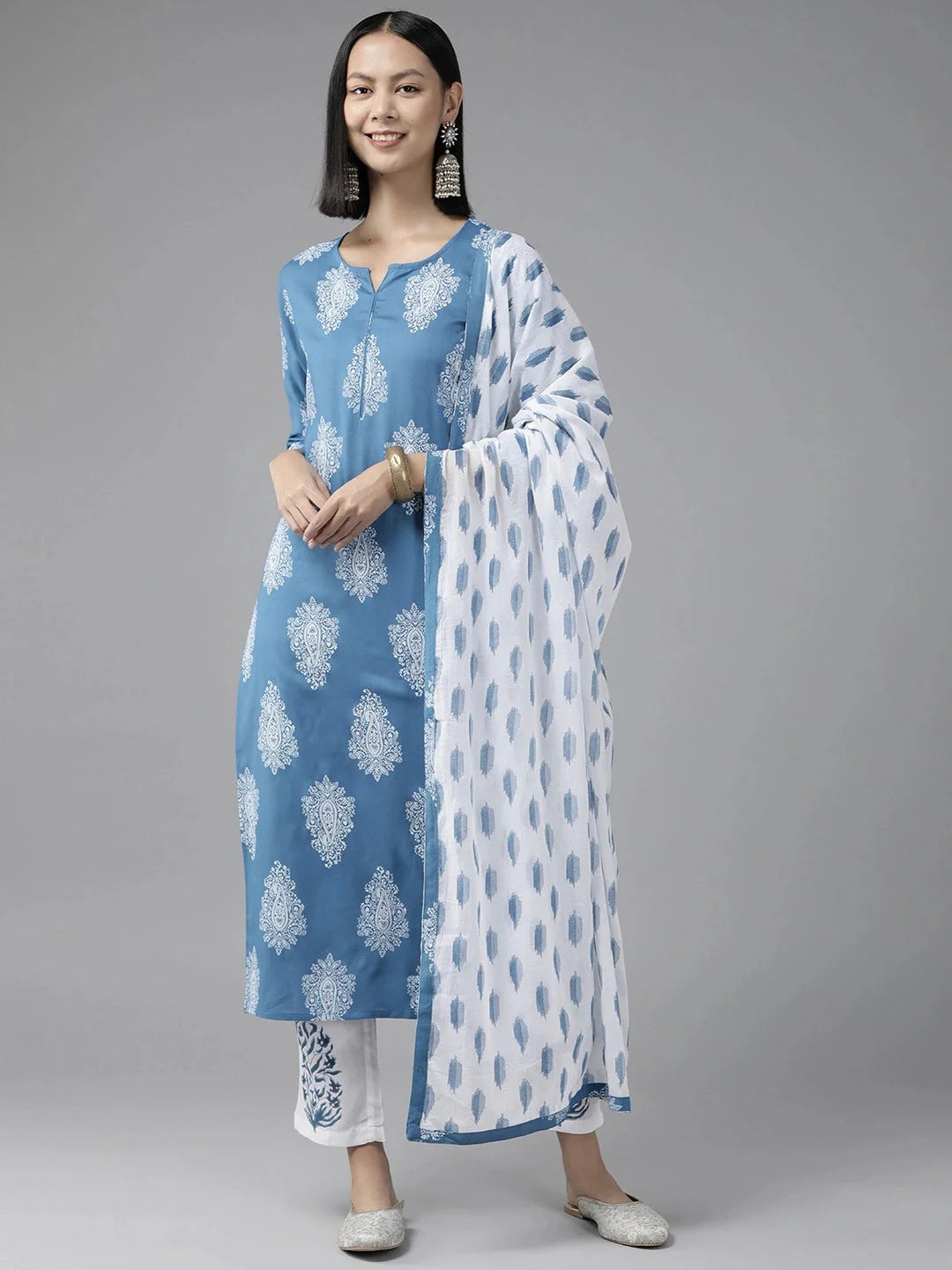 Blue Paisley Printed Dupatta Set