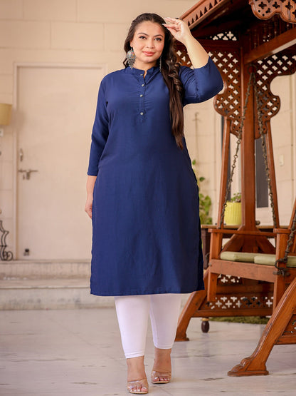 Blue Plus Size Kurta With Mandarin Collar