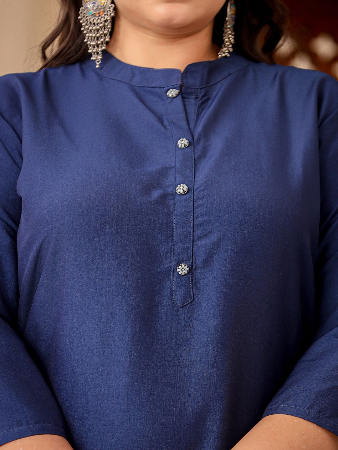 Blue Plus Size Kurta With Mandarin Collar