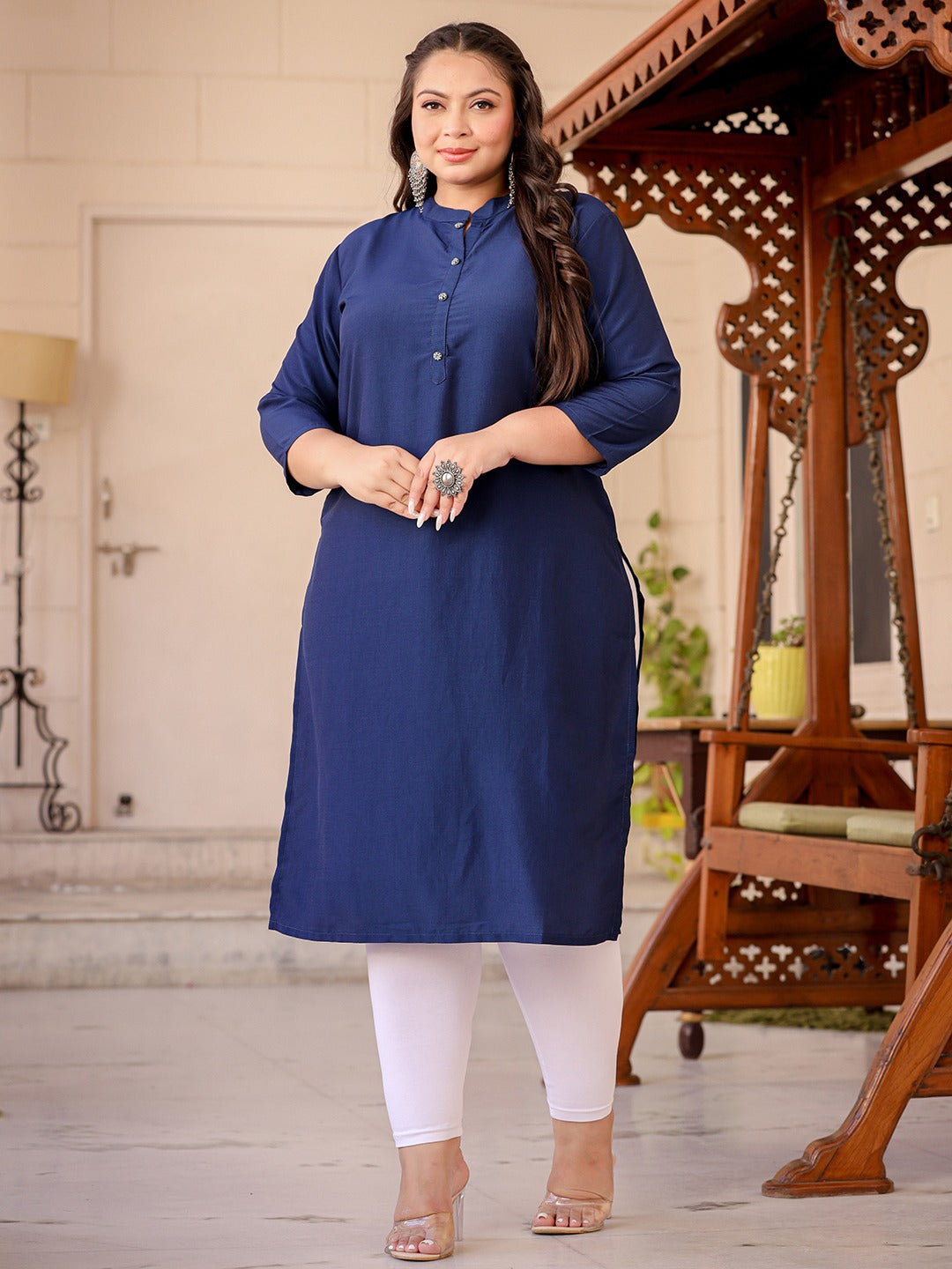 Blue Plus Size Kurta With Mandarin Collar