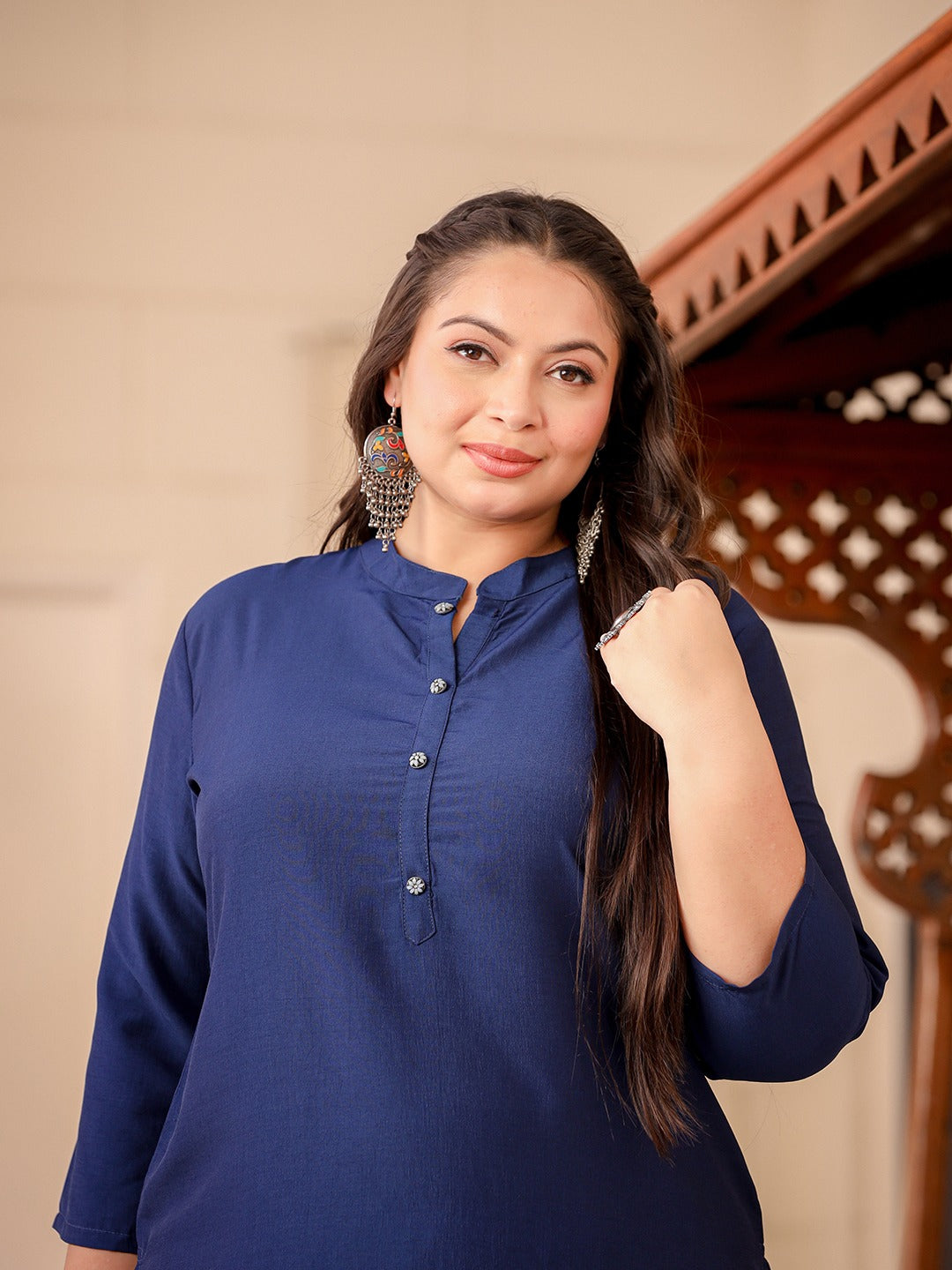 Blue Plus Size Kurta With Mandarin Collar