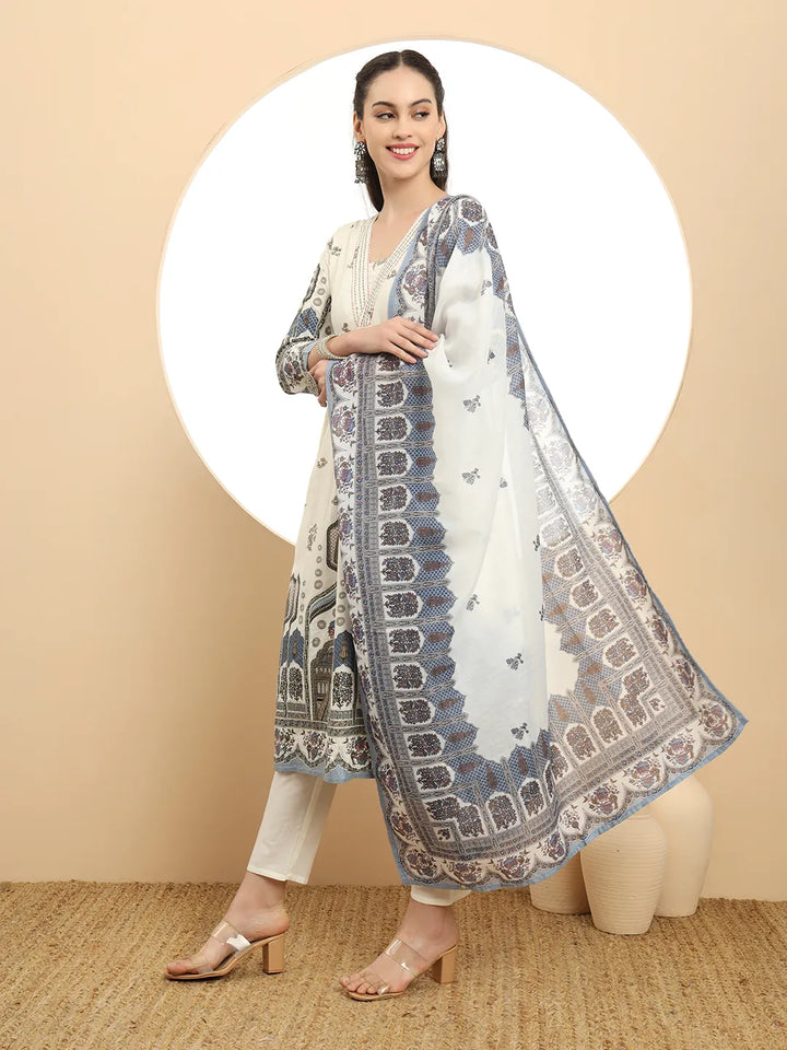 Blue Premium Mul Cotton Aline Kurta Dupatta Set