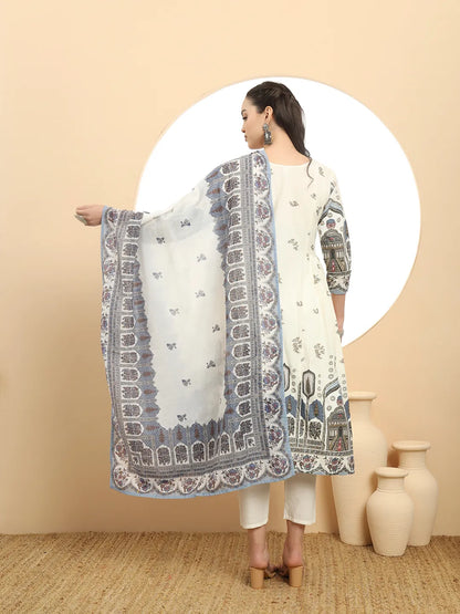 Blue Premium Mul Cotton Aline Kurta Dupatta Set