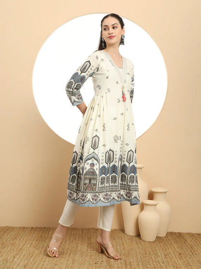 Blue Premium Mul Cotton Aline Kurta Dupatta Set