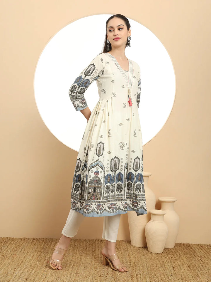 Blue Premium Mul Cotton Aline Kurta Dupatta Set
