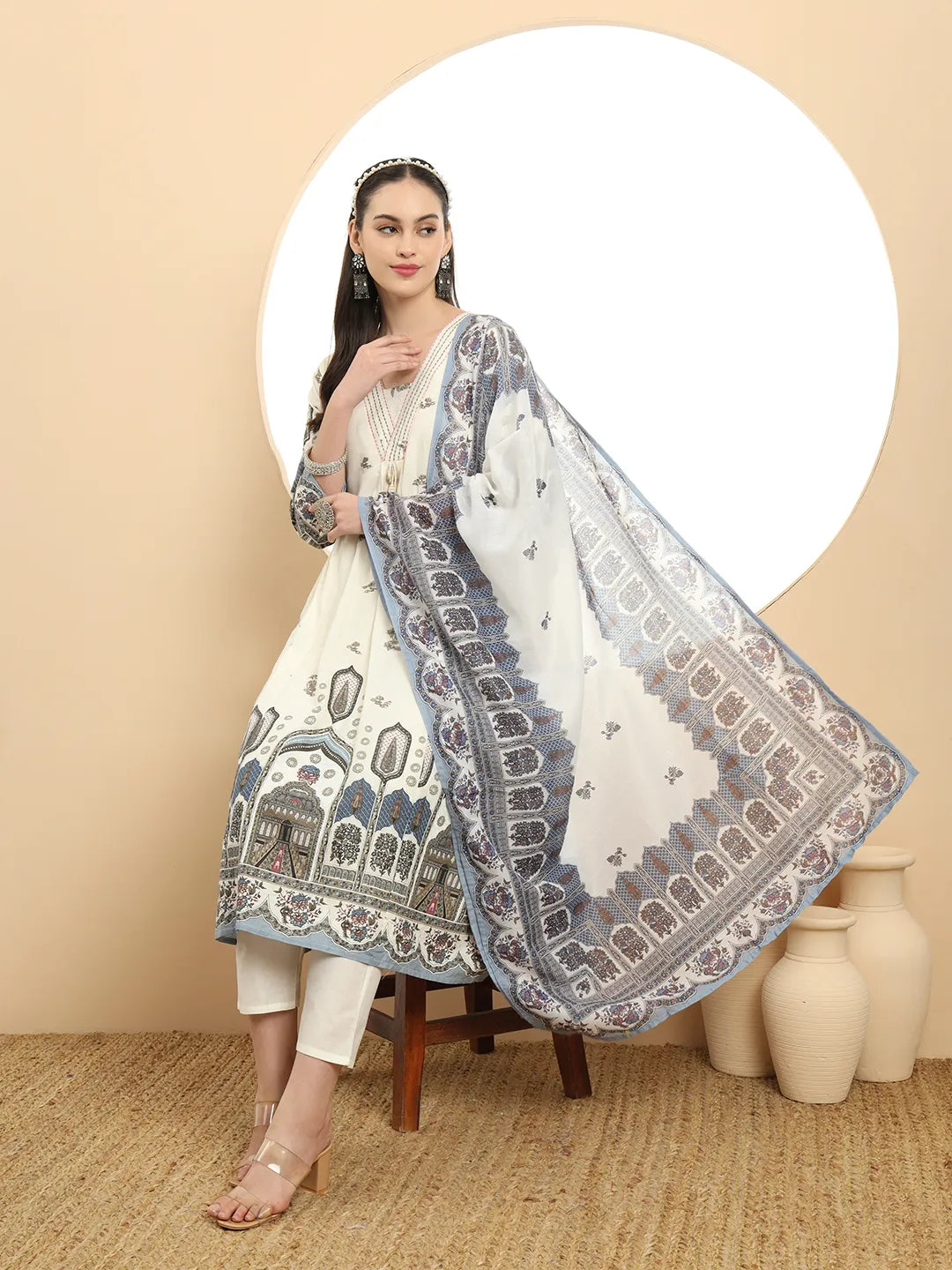 Blue Premium Mul Cotton Aline Kurta Dupatta Set