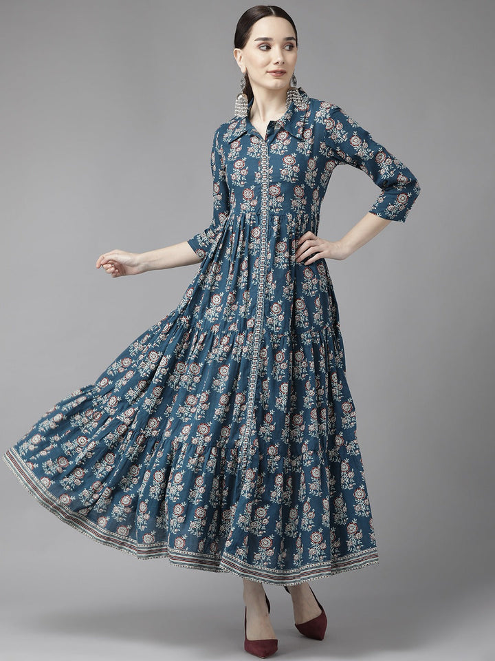 Blue Print Cotton Maxi Dress