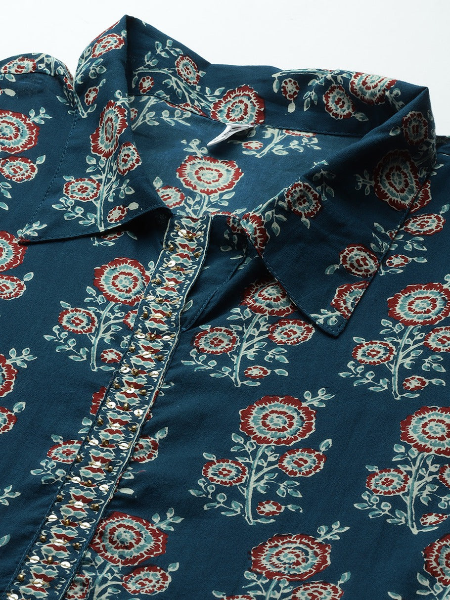 Blue Print Cotton Maxi Dress