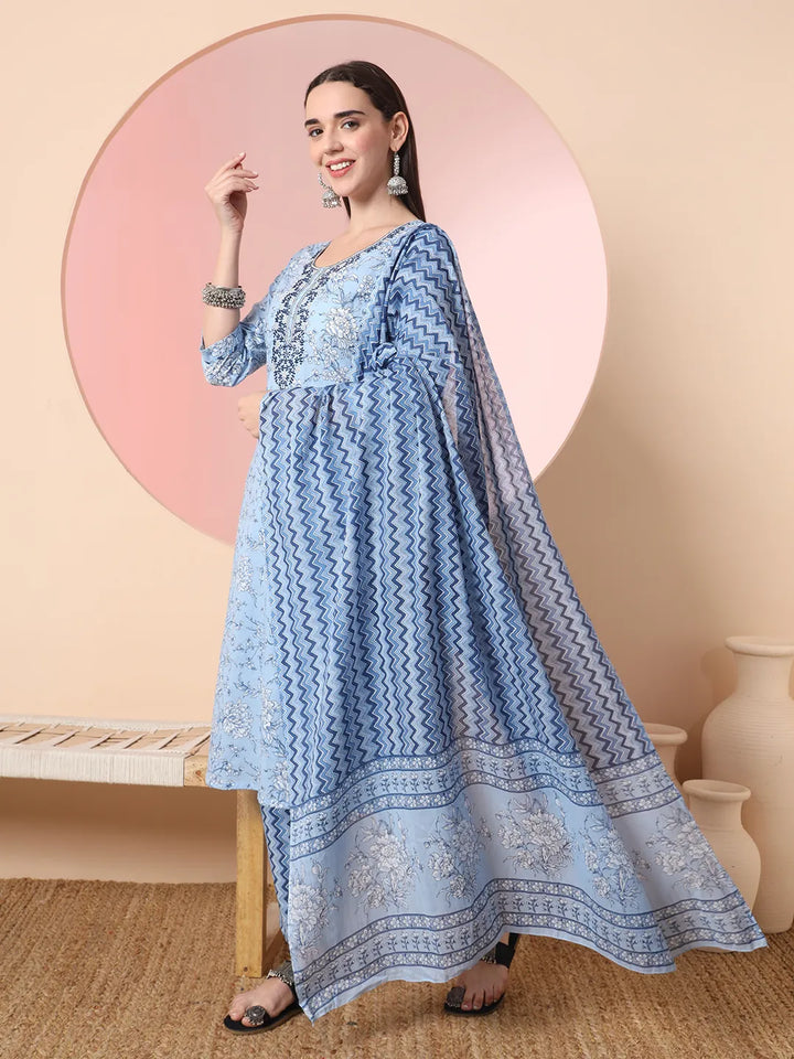 Blue Pure Cotton Embroidered Kurta Set With Pant &amp; Dupatta
