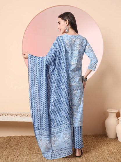 Blue Pure Cotton Embroidered Kurta Set With Pant & Dupatta