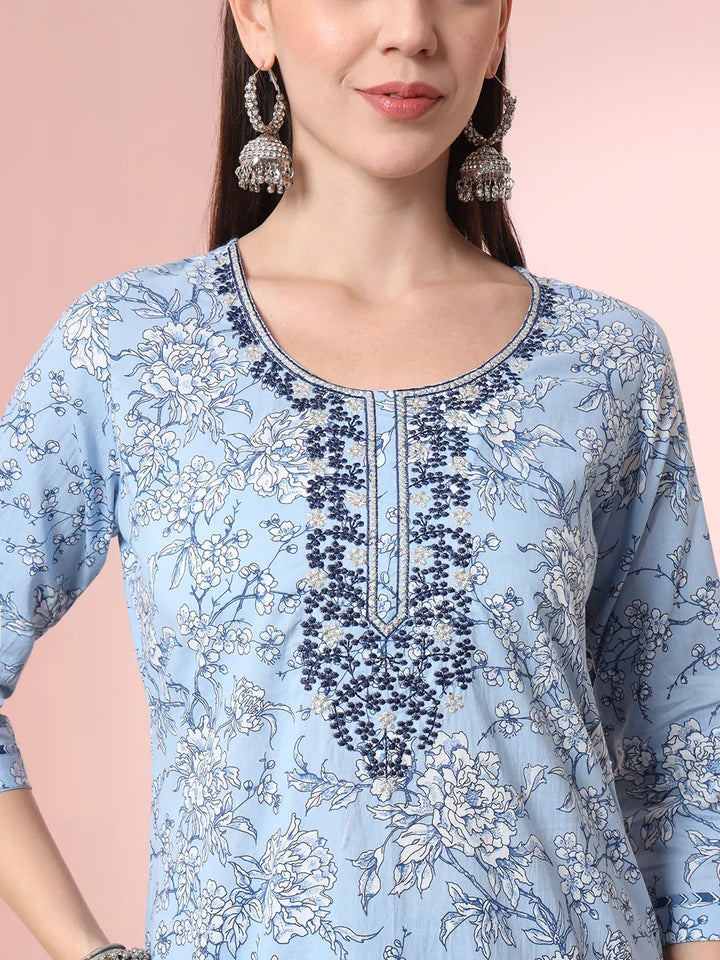 Blue Pure Cotton Embroidered Kurta Set With Pant &amp; Dupatta