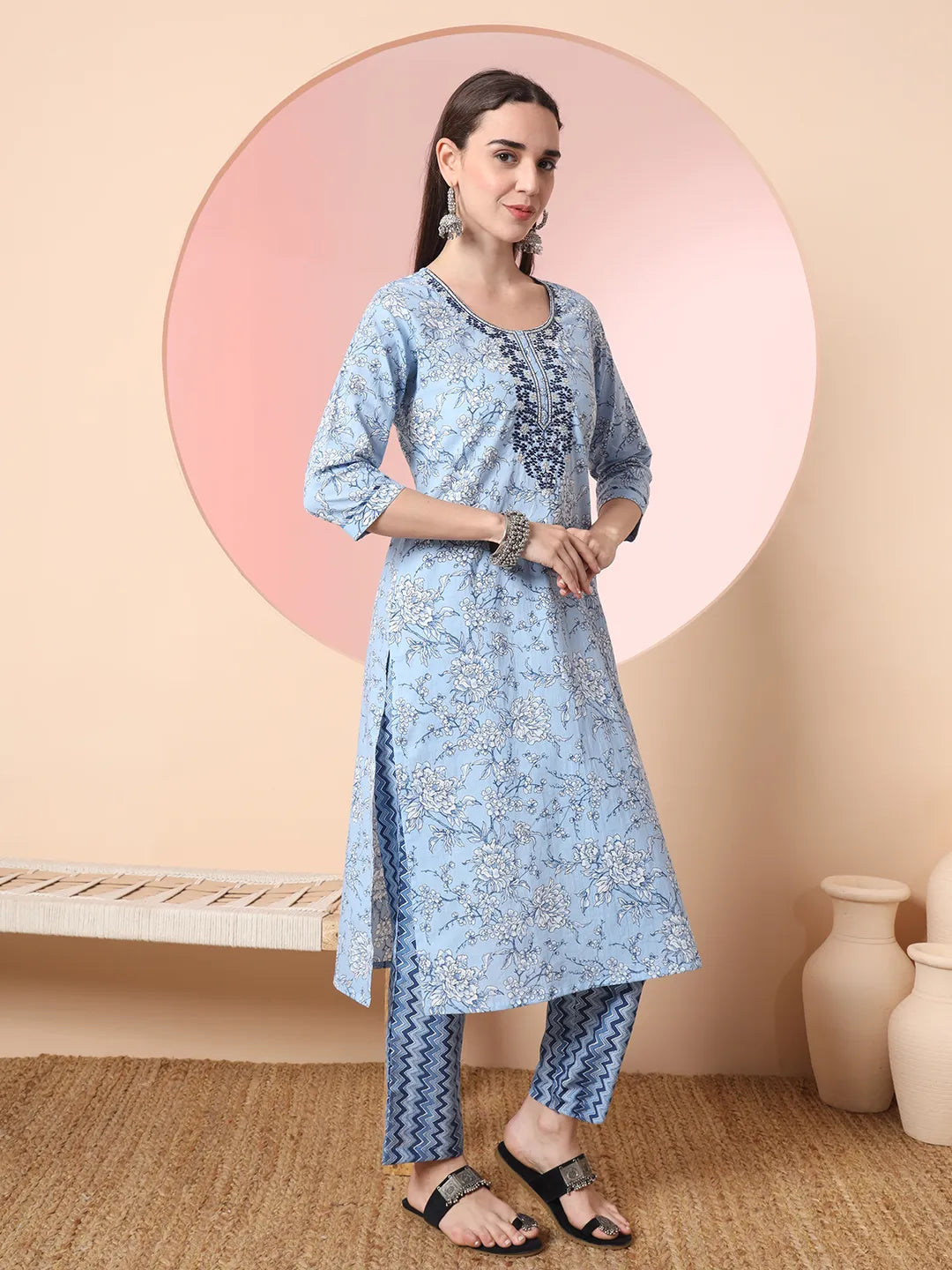 Blue Pure Cotton Embroidered Kurta Set With Pant & Dupatta