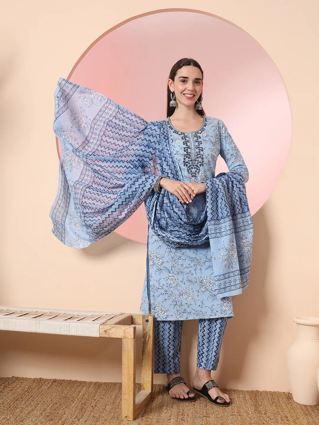 Blue Pure Cotton Embroidered Kurta Set With Pant & Dupatta