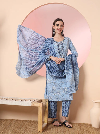 Blue Pure Cotton Embroidered Kurta Set With Pant & Dupatta