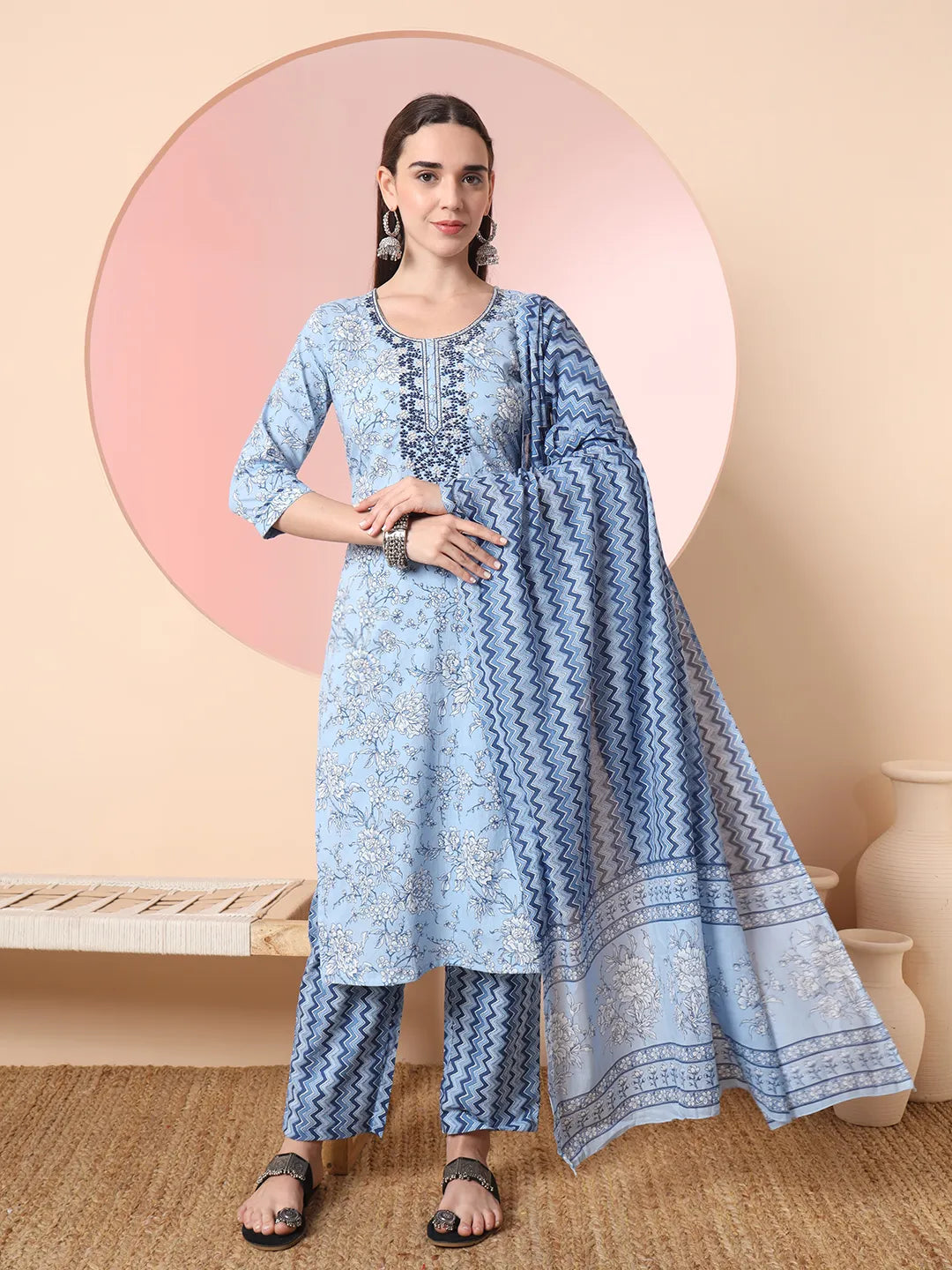 Blue Pure Cotton Embroidered Kurta Set With Pant & Dupatta