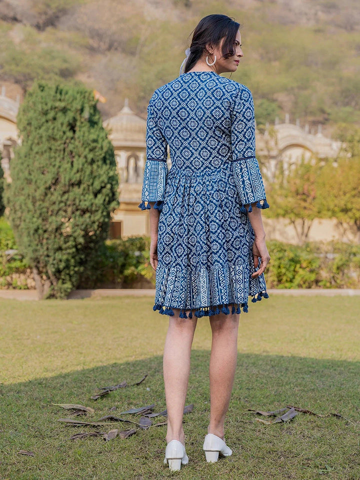 Blue Pure Cotton Ethnic Motifs Less Border Tassels Were Dress