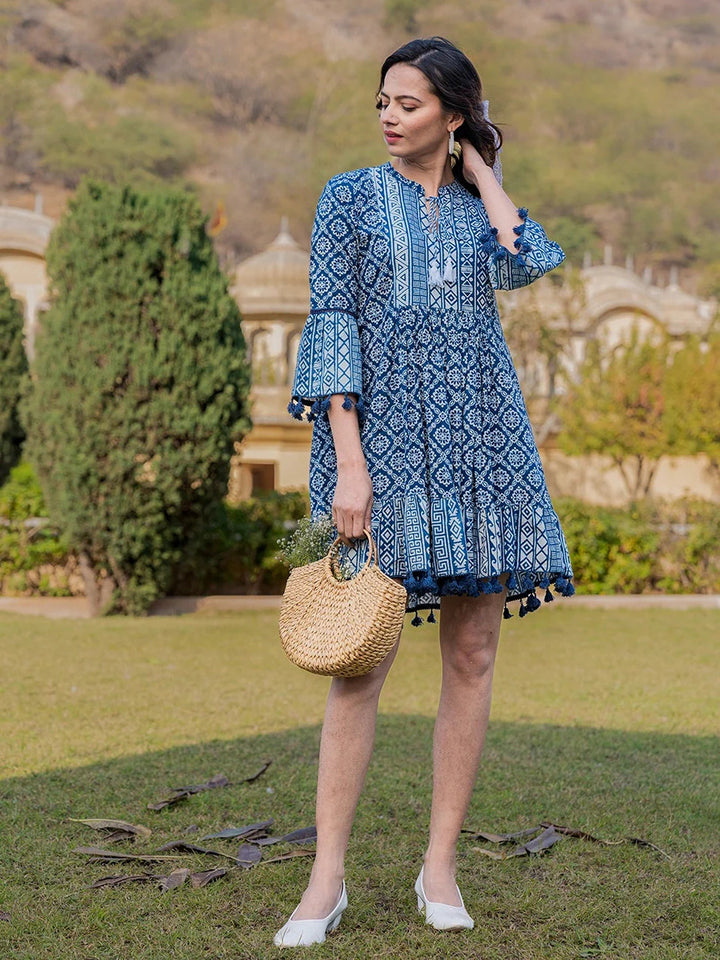 Blue Pure Cotton Ethnic Motifs Less Border Tassels Were Dress