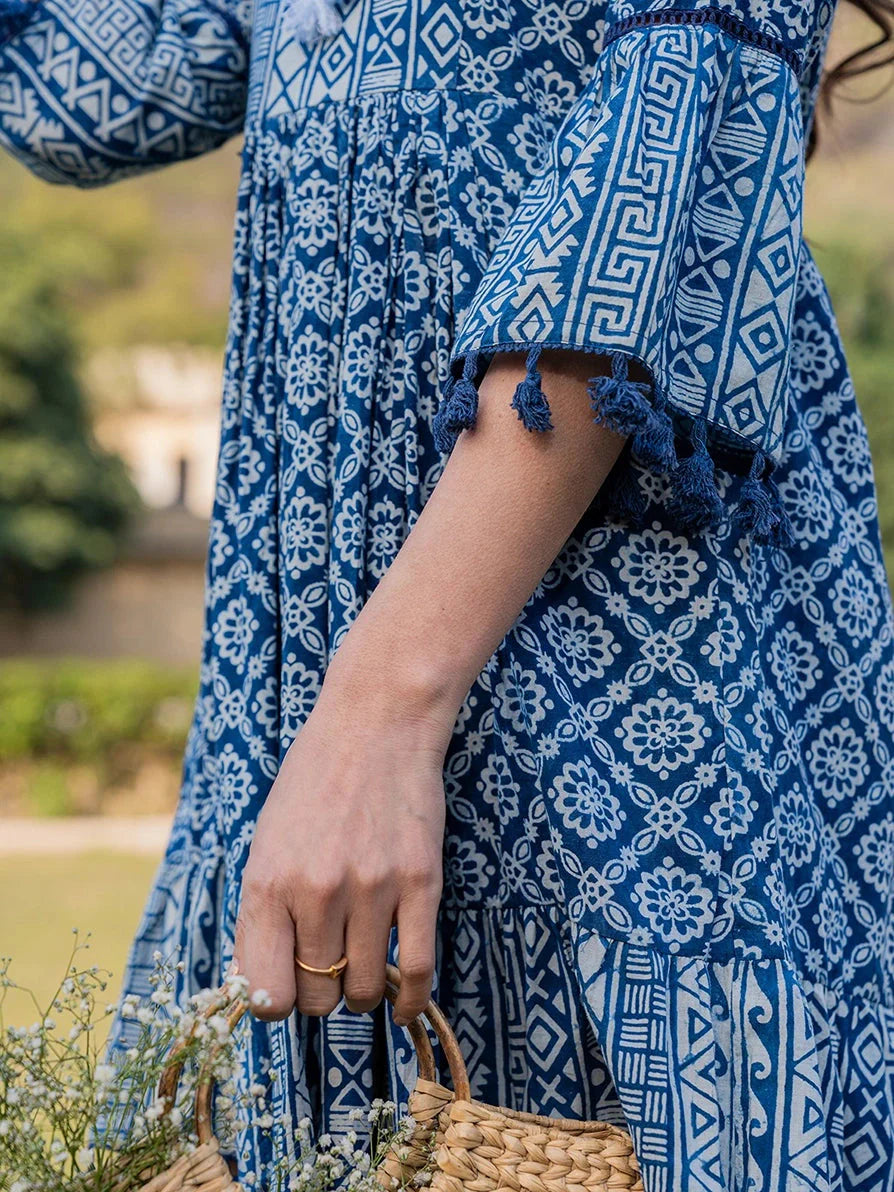 Blue Pure Cotton Ethnic Motifs Less Border Tassels Were Dress