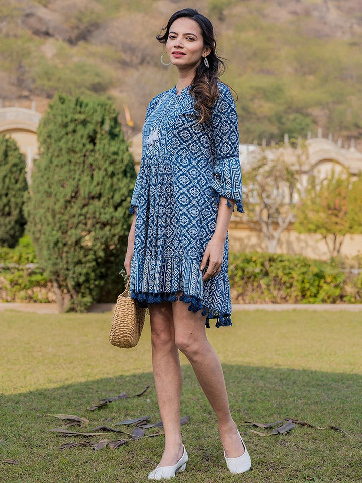 Blue Pure Cotton Ethnic Motifs Less Border Tassels Were Dress