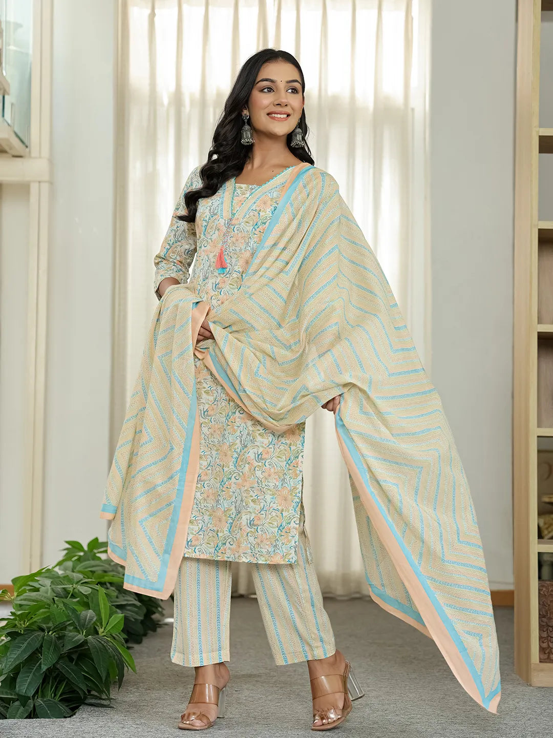 Blue Pure Cotton Floral Print Kurta Dupatta Pant Set