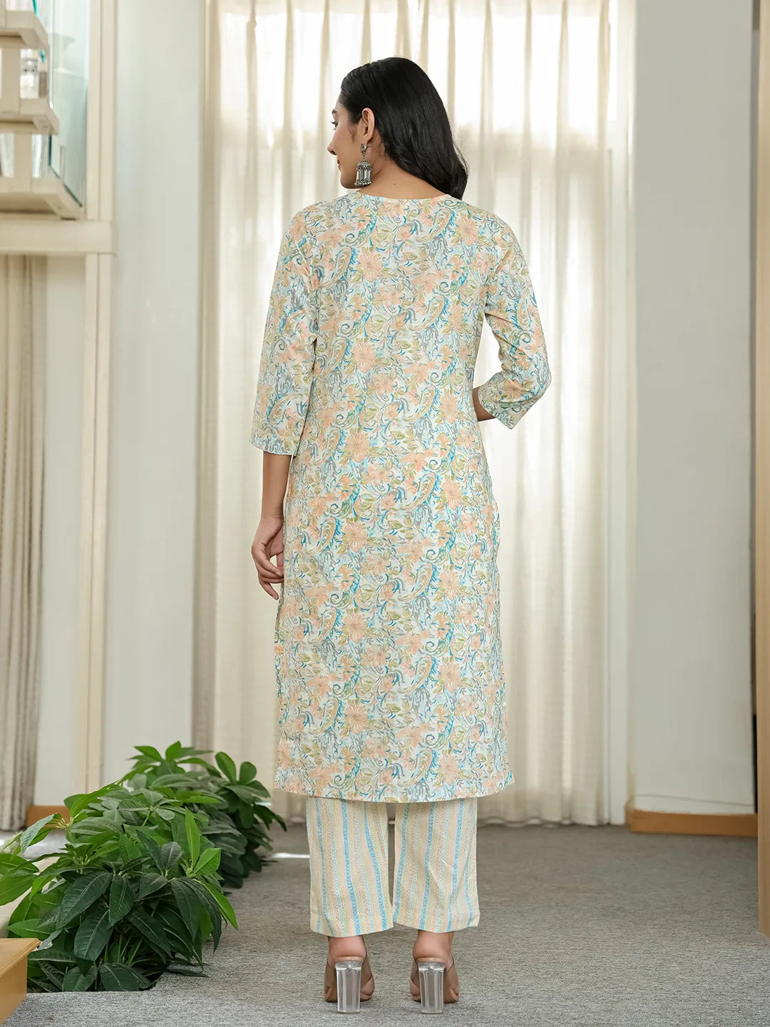 Blue Pure Cotton Floral Print Kurta Dupatta Pant Set