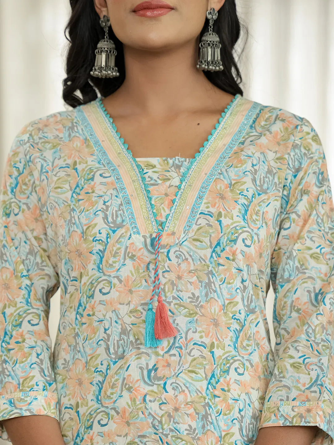 Blue Pure Cotton Floral Print Kurta Dupatta Pant Set